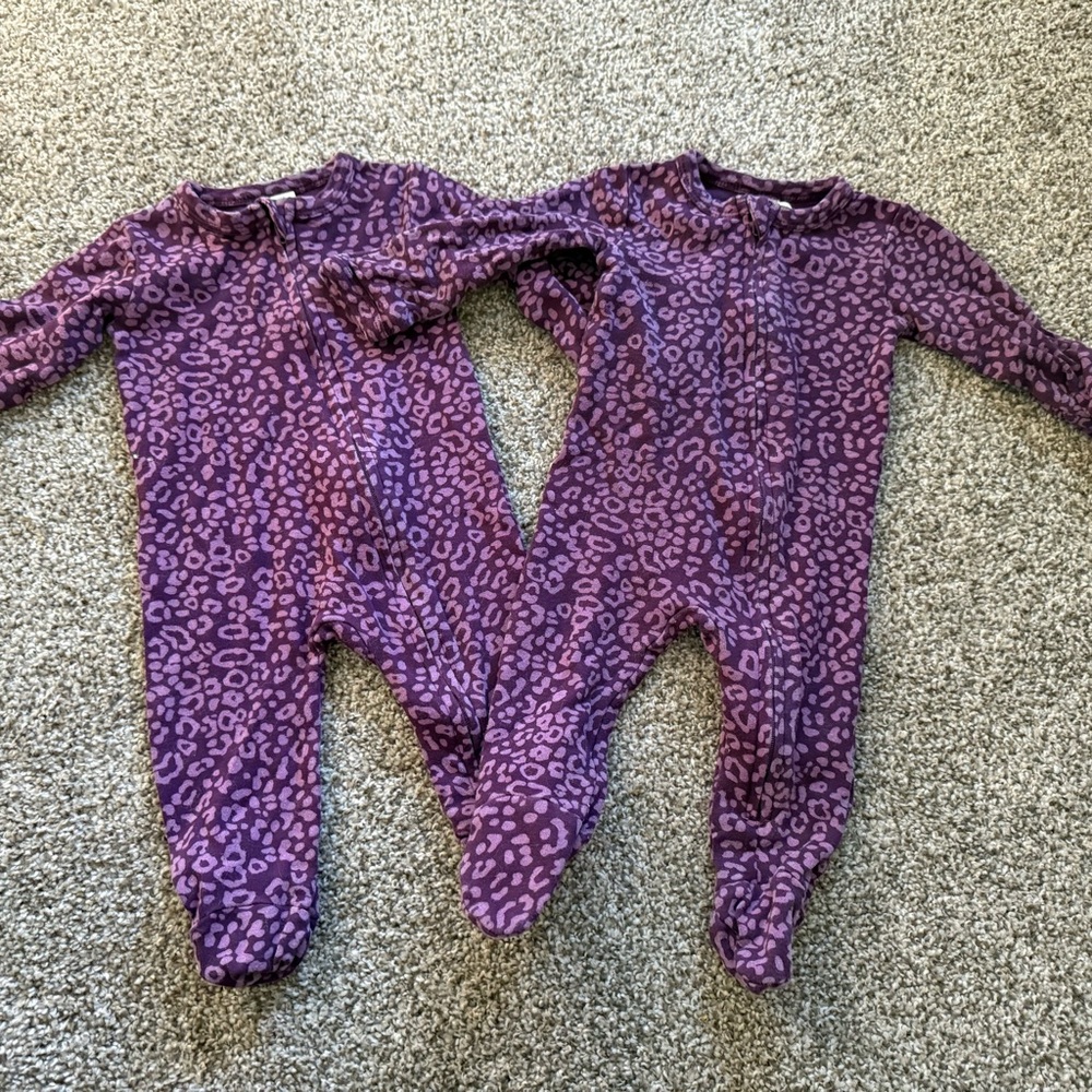 Twin matching set. Quinn Purple Animal Print Kids Footies